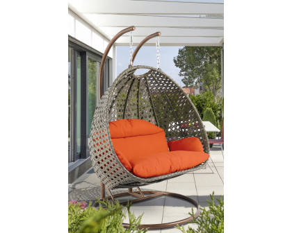 LeisureMod Modern Beige Wicker Hanging Double Seater Egg Swing Chair - Orange