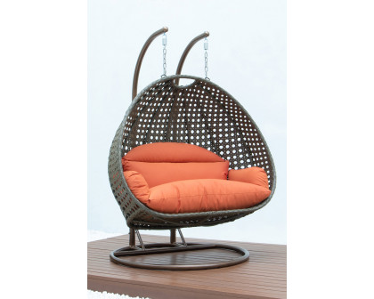 LeisureMod Modern Beige Wicker Hanging Double Seater Egg Swing Chair - Orange