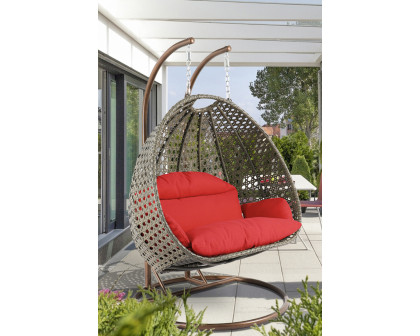 LeisureMod Modern Beige Wicker Hanging Double Seater Egg Swing Chair - Red