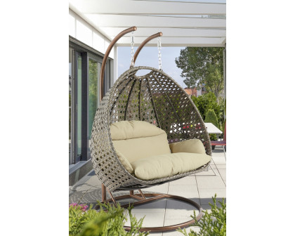 LeisureMod Modern Beige Wicker Hanging Double Seater Egg Swing Chair - Taupe