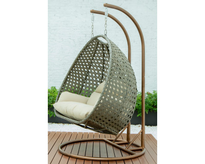 LeisureMod Modern Beige Wicker Hanging Double Seater Egg Swing Chair - Taupe