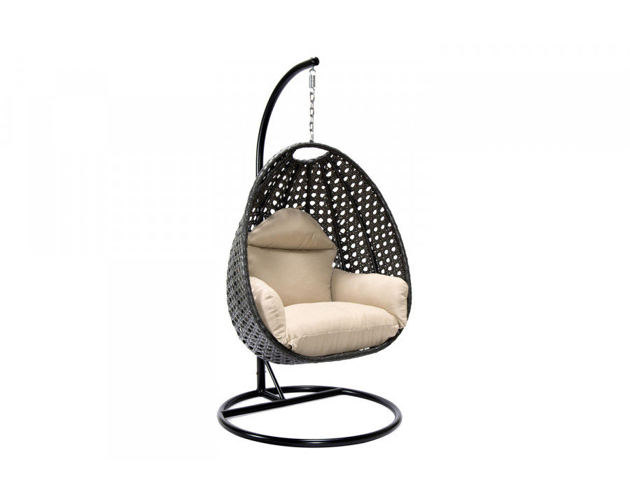 LeisureMod Charcoal Wicker Hanging Single Egg Swing Chair with Cushions - Beige