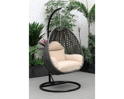 LeisureMod Charcoal Wicker Hanging Single Egg Swing Chair with Cushions - Beige