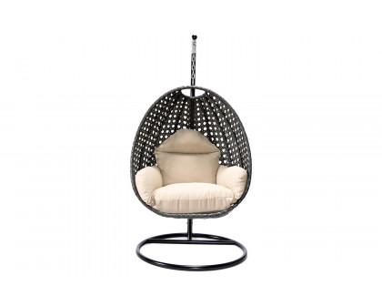 LeisureMod Charcoal Wicker Hanging Single Egg Swing Chair with Cushions - Beige