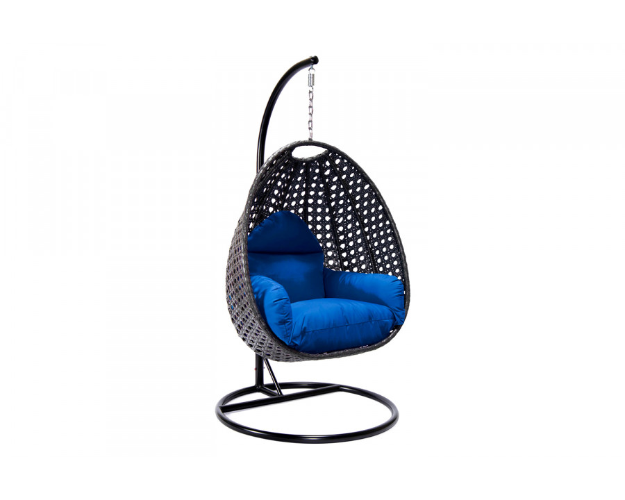 LeisureMod Charcoal Wicker Hanging Single Egg Swing Chair with Cushions - Blue