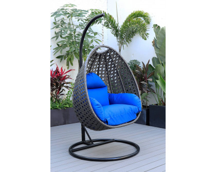 LeisureMod Charcoal Wicker Hanging Single Egg Swing Chair with Cushions - Blue