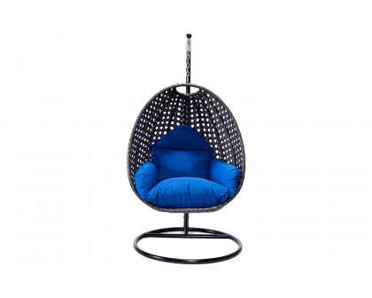 LeisureMod Charcoal Wicker Hanging Single Egg Swing Chair with Cushions - Blue