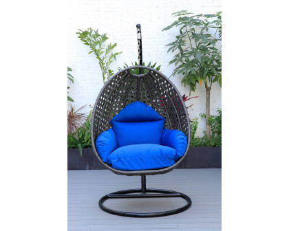 LeisureMod Charcoal Wicker Hanging Single Egg Swing Chair with Cushions - Blue