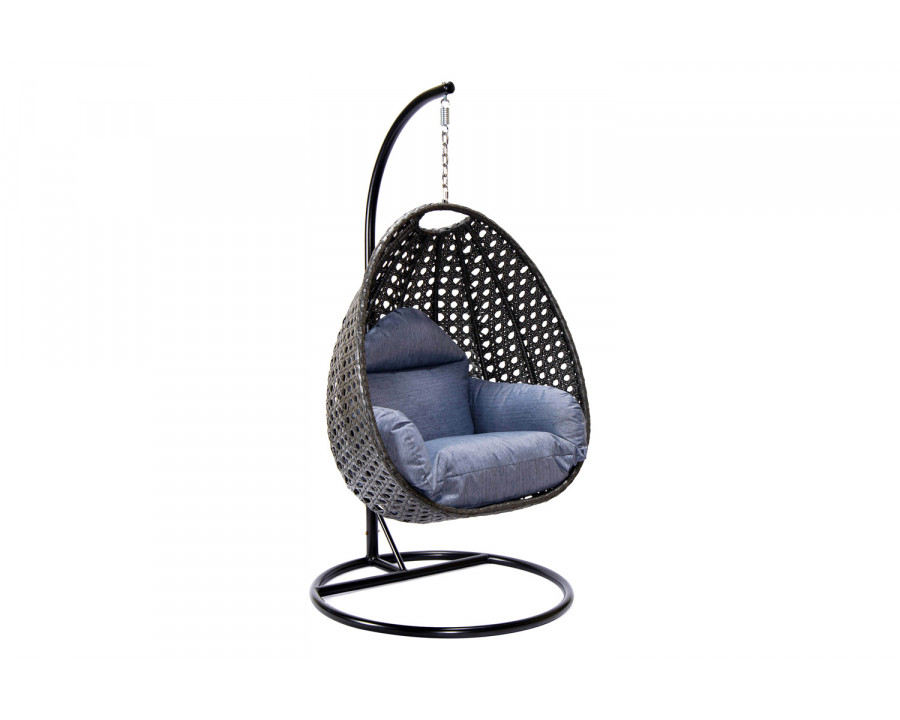 LeisureMod Charcoal Wicker Hanging Single Egg Swing Chair with Cushions - Charcoal/Blue