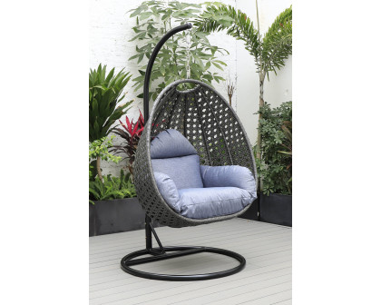 LeisureMod Charcoal Wicker Hanging Single Egg Swing Chair with Cushions - Charcoal/Blue