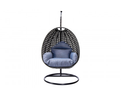 LeisureMod Charcoal Wicker Hanging Single Egg Swing Chair with Cushions - Charcoal/Blue