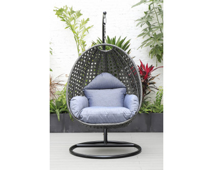 LeisureMod Charcoal Wicker Hanging Single Egg Swing Chair with Cushions - Charcoal/Blue