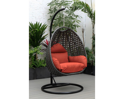 LeisureMod Charcoal Wicker Hanging Single Egg Swing Chair with Cushions - Cherry