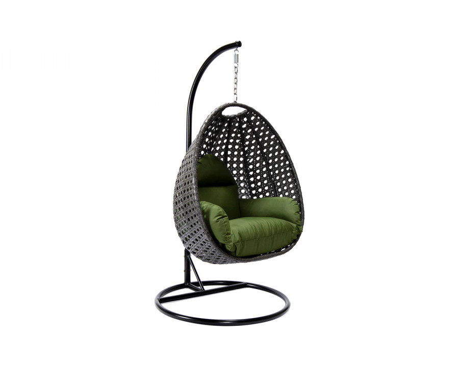 LeisureMod Charcoal Wicker Hanging Single Egg Swing Chair with Cushions - Dark Green