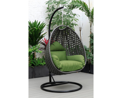 LeisureMod Charcoal Wicker Hanging Single Egg Swing Chair with Cushions - Dark Green