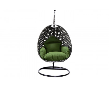 LeisureMod Charcoal Wicker Hanging Single Egg Swing Chair with Cushions - Dark Green