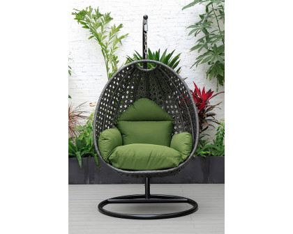 LeisureMod Charcoal Wicker Hanging Single Egg Swing Chair with Cushions - Dark Green