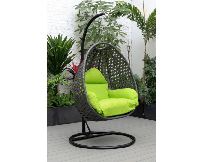 LeisureMod Charcoal Wicker Hanging Single Egg Swing Chair with Cushions - Light Green