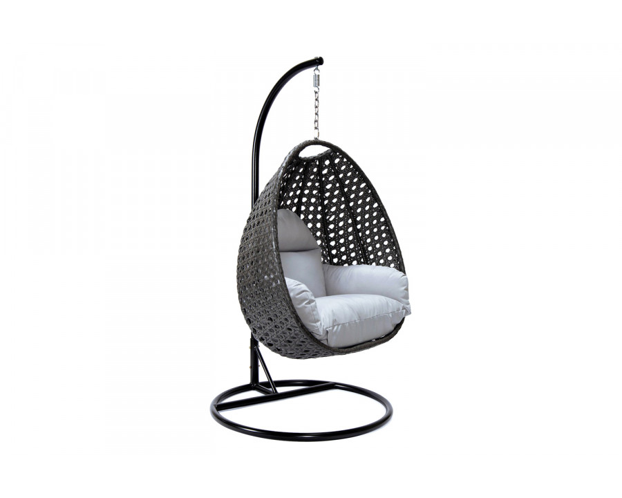 LeisureMod Charcoal Wicker Hanging Single Egg Swing Chair with Cushions - Light Gray