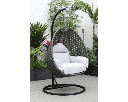 LeisureMod Charcoal Wicker Hanging Single Egg Swing Chair with Cushions - Light Gray