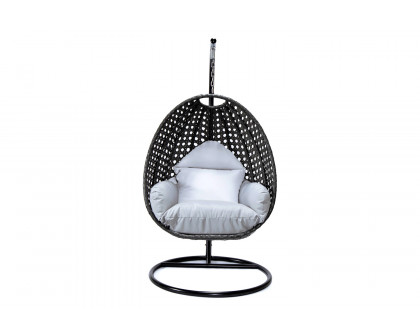 LeisureMod Charcoal Wicker Hanging Single Egg Swing Chair with Cushions - Light Gray