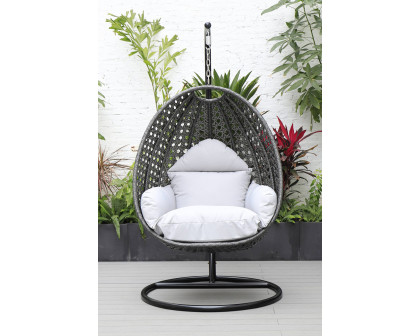 LeisureMod Charcoal Wicker Hanging Single Egg Swing Chair with Cushions - Light Gray