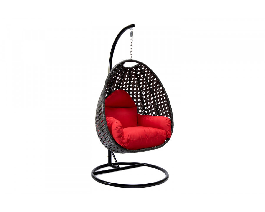 LeisureMod Charcoal Wicker Hanging Single Egg Swing Chair with Cushions - Red