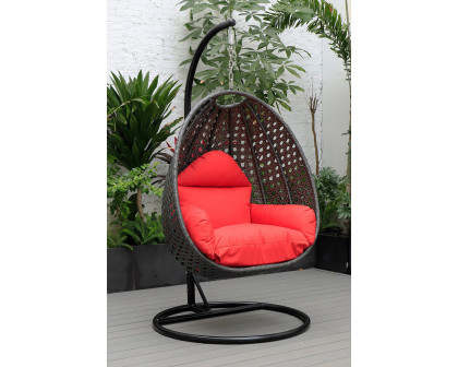 LeisureMod Charcoal Wicker Hanging Single Egg Swing Chair with Cushions - Red