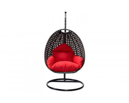 LeisureMod Charcoal Wicker Hanging Single Egg Swing Chair with Cushions - Red