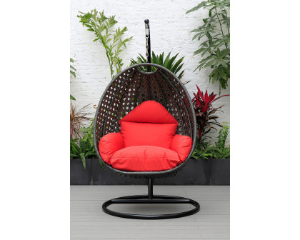 LeisureMod Charcoal Wicker Hanging Single Egg Swing Chair with Cushions - Red