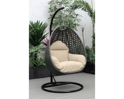 LeisureMod Charcoal Wicker Hanging Single Egg Swing Chair with Cushions - Taupe