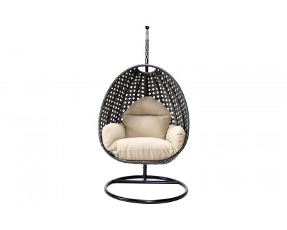 LeisureMod Charcoal Wicker Hanging Single Egg Swing Chair with Cushions - Taupe