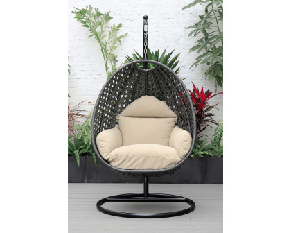 LeisureMod Charcoal Wicker Hanging Single Egg Swing Chair with Cushions - Taupe