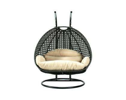 LeisureMod Modern Beige Wicker Hanging Double Seater Egg Swing Chair