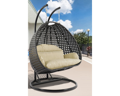 LeisureMod Modern Charcoal Wicker Hanging Double Seater Egg Swing Chair - Beige