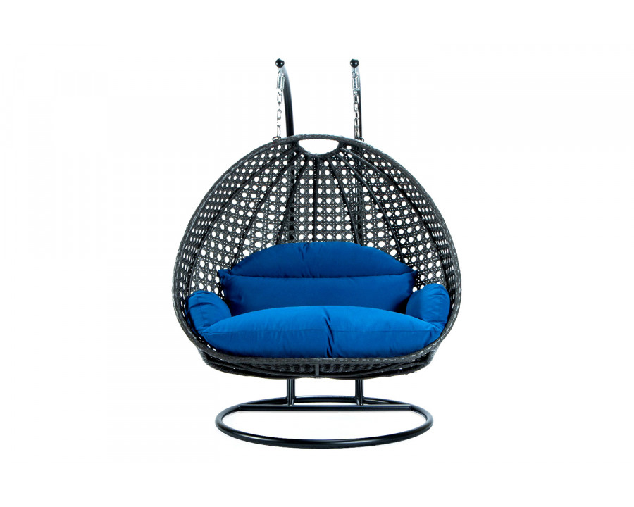 LeisureMod Modern Charcoal Wicker Hanging Double Seater Egg Swing Chair - Blue