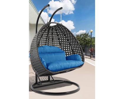 LeisureMod Modern Charcoal Wicker Hanging Double Seater Egg Swing Chair - Blue