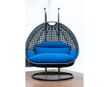 LeisureMod Modern Charcoal Wicker Hanging Double Seater Egg Swing Chair - Blue