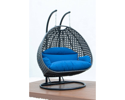 LeisureMod Modern Charcoal Wicker Hanging Double Seater Egg Swing Chair - Blue