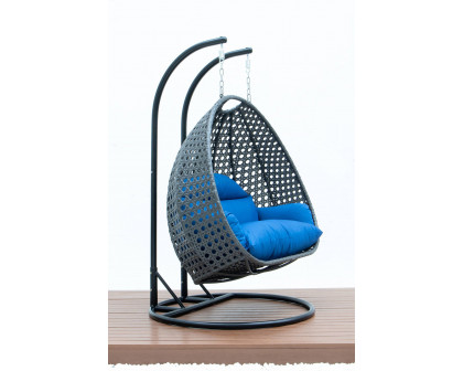 LeisureMod Modern Charcoal Wicker Hanging Double Seater Egg Swing Chair - Blue