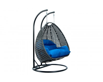 LeisureMod Modern Charcoal Wicker Hanging Double Seater Egg Swing Chair - Blue