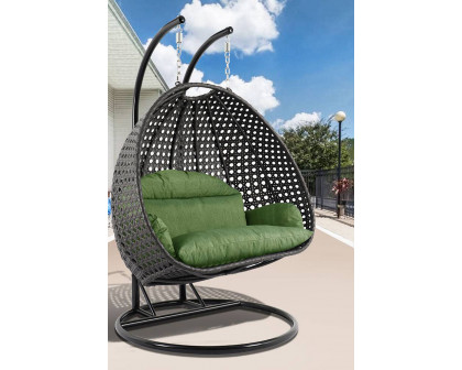 LeisureMod Modern Charcoal Wicker Hanging Double Seater Egg Swing Chair - Dark Green