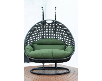 LeisureMod Modern Charcoal Wicker Hanging Double Seater Egg Swing Chair - Dark Green