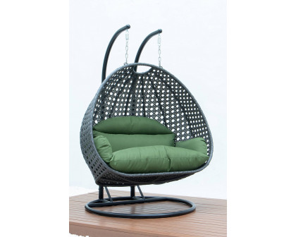 LeisureMod Modern Charcoal Wicker Hanging Double Seater Egg Swing Chair - Dark Green