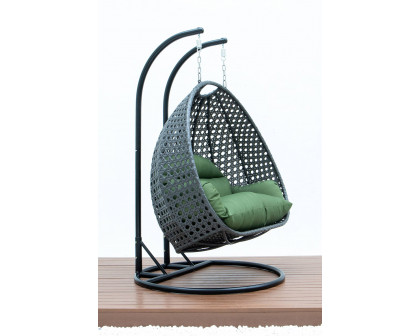 LeisureMod Modern Charcoal Wicker Hanging Double Seater Egg Swing Chair - Dark Green