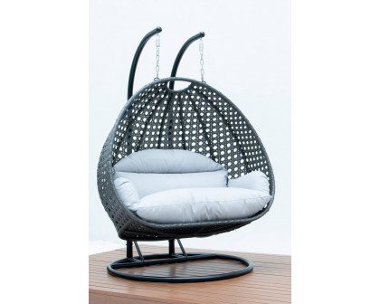 LeisureMod Modern Charcoal Wicker Hanging Double Seater Egg Swing Chair - Light Gray