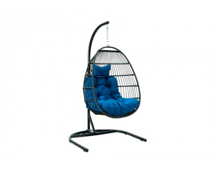 LeisureMod Wicker Folding Hanging Egg Swing Chair - Blue