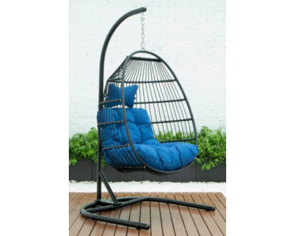 LeisureMod Wicker Folding Hanging Egg Swing Chair - Blue