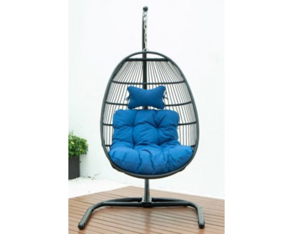 LeisureMod Wicker Folding Hanging Egg Swing Chair - Blue