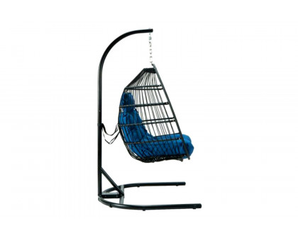 LeisureMod Wicker Folding Hanging Egg Swing Chair - Blue